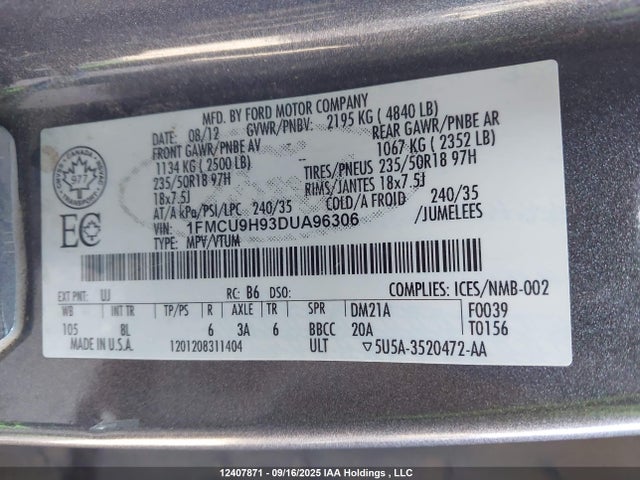 Aukcja sprzedaży 2013 Ford Escape Sel, vin: 1FMCU9H93DUA96306, numer aukcji: 12407871