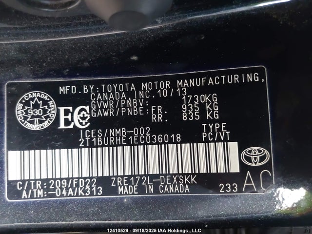Toyota 2zr-fe 2014 2T1BURHE1EC036018 Image 9
