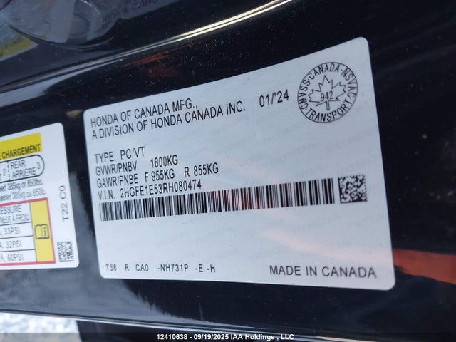 Honda l15ca 2024 2HGFE1E53RH080474 Image 9
