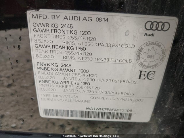 Продаж на аукціоні авто 2015 Audi Q5 Prestige, vin: WA1WFCFP8FA013106, номер лоту: 12410656