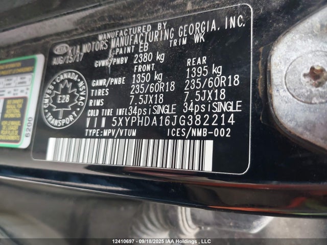 12410697 :رقم المزاد ، 5XYPHDA16JG382214 vin ، 2018 Kia Sorento Ex مزاد بيع