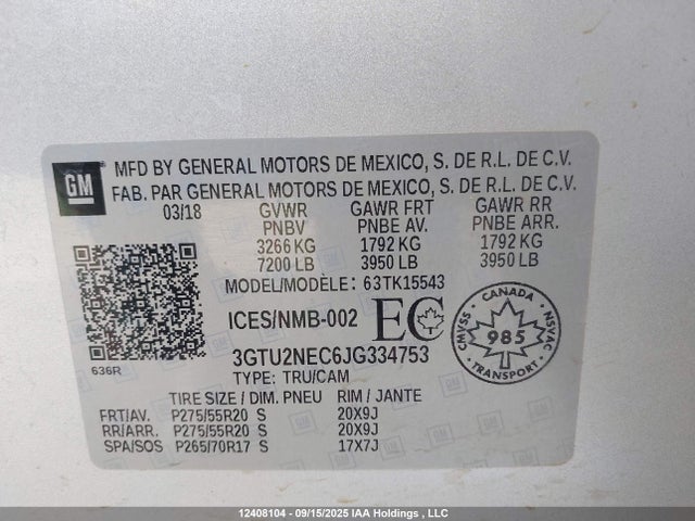 3GTU2NEC6JG334753 GMC l83 -spark ignited direct injection, variable valve timing, afm, e85 max, alum