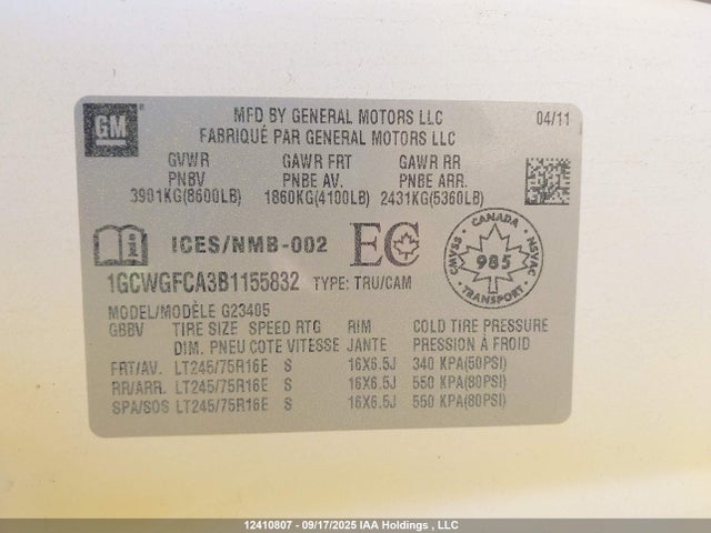 2011 Chevrolet Express G2500 მანქანა იყიდება აუქციონზე, vin: 1GCWGFCA3B1155832, აუქციონის ნომერი: 12410807