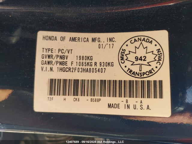 1HGCR2F03HA805407 Honda k24w1