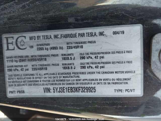 Tesla MODEL 3 2019 5YJ3E1EB3KF329925 Image 9