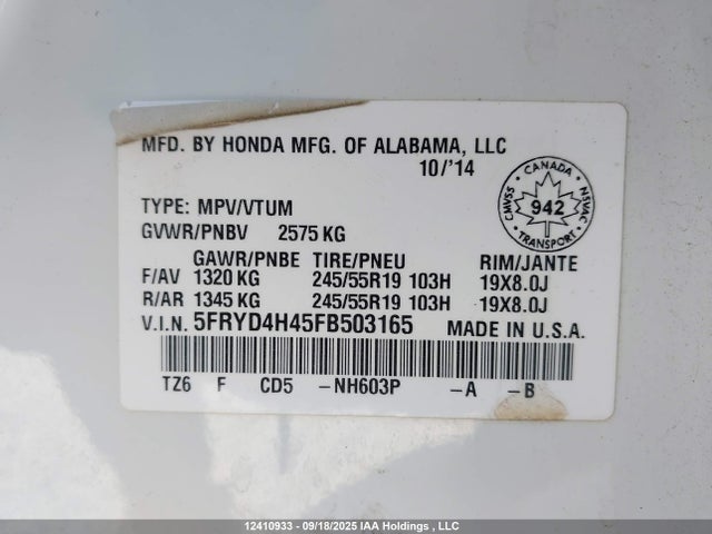 Acura j35y5 2015 5FRYD4H45FB503165 Image 9