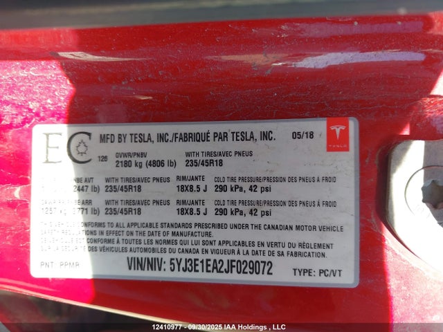 5YJ3E1EA2JF029072 Tesla Model 3 Long Range/mid Range