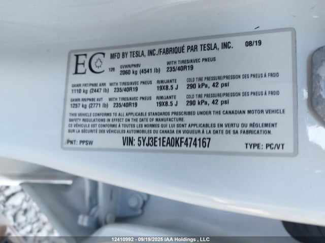 5YJ3E1EA0KF474167 Tesla MODEL 3
