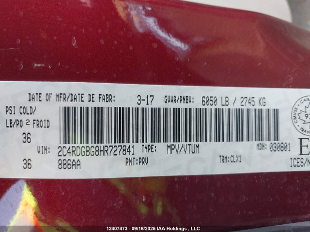 2C4RDGBG8HR727841 Dodge Grand Caravan