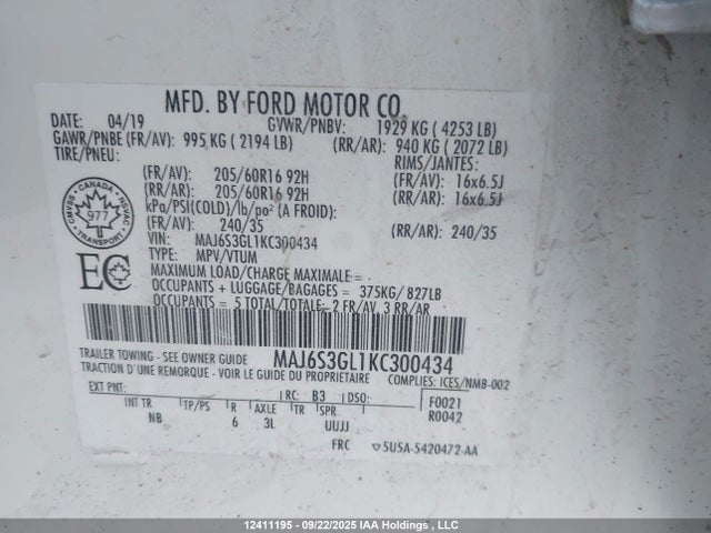 MAJ6S3GL1KC300434 Ford Ecosport