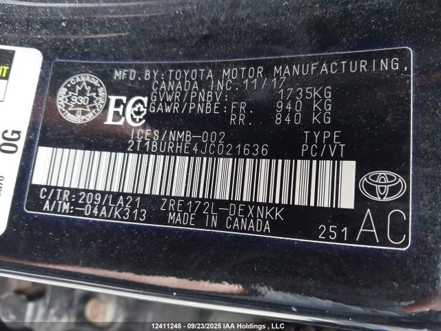 2T1BURHE4JC021636 Toyota 2zr-fe