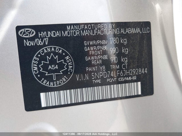 5NPD74LF6JH292844 Hyundai mpi nu