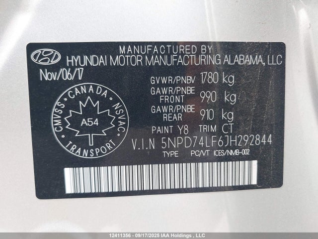 5NPD74LF6JH292844 Hyundai mpi nu