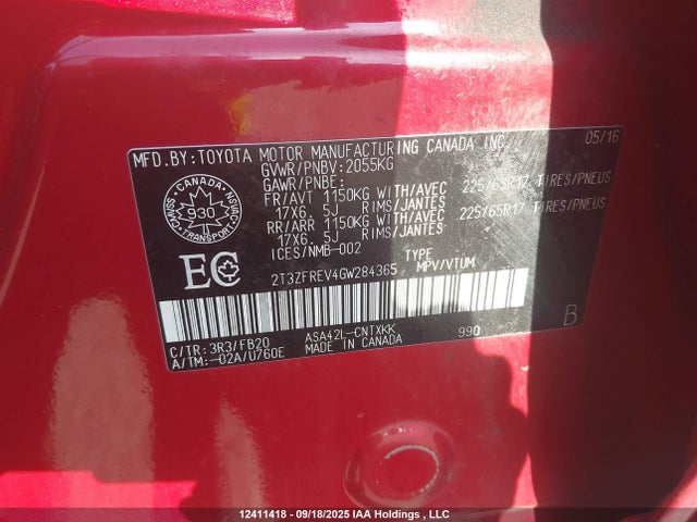 2T3ZFREV4GW284365 Toyota 2ar-fe