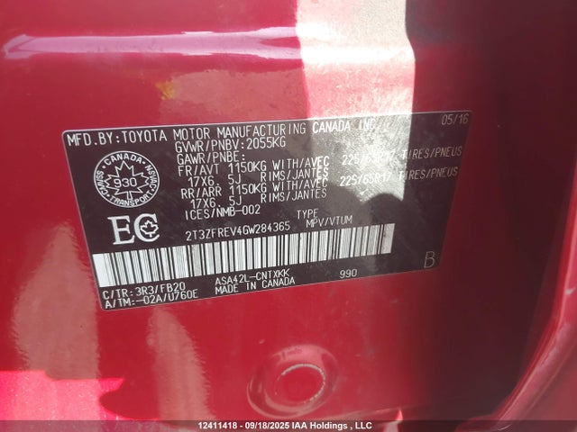 2T3ZFREV4GW284365 Toyota 2ar-fe