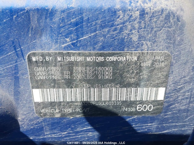Mitsubishi dohc mivec 2016 JA32U2FU3GU603335 Image 9