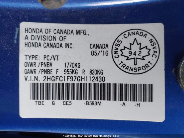Honda l15b7 2016 2HGFC1F97GH112430 Image 9