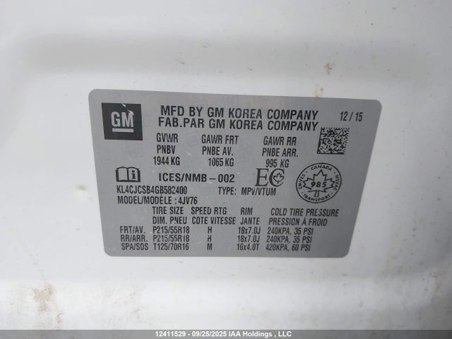Buick luv - vvt, alum gme e85 max 2016 KL4CJCSB4GB582400 Image 9