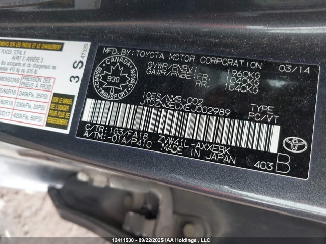 Toyota 2zr-fxe+5jm 2014 JTDZN3EUXEJ002989 Image 9