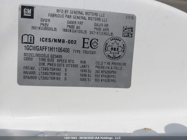 1GCWGAFF1H1106406 Chevrolet l20 - engine flexible fuel, iron