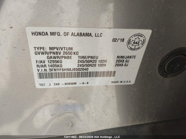 Honda j35y6 2018 5FNYF6H98JB502040 Image 9