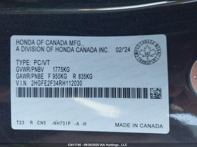 Honda k20c2 2024 2HGFE2F34RH112030 Image 9