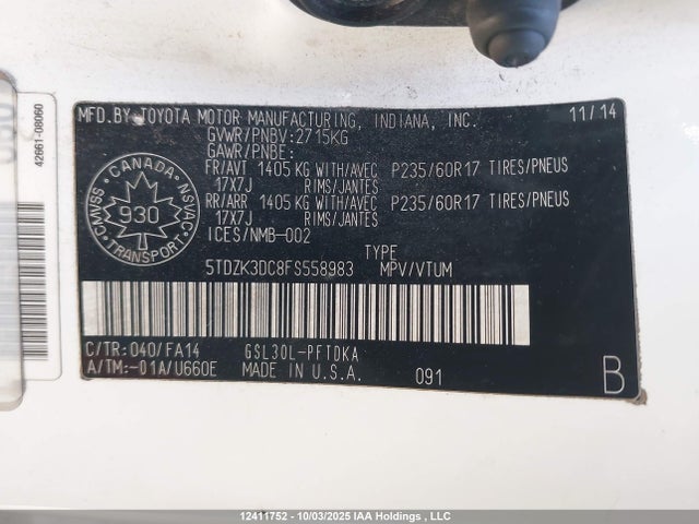 5TDZK3DC8FS558983 Toyota Sienna