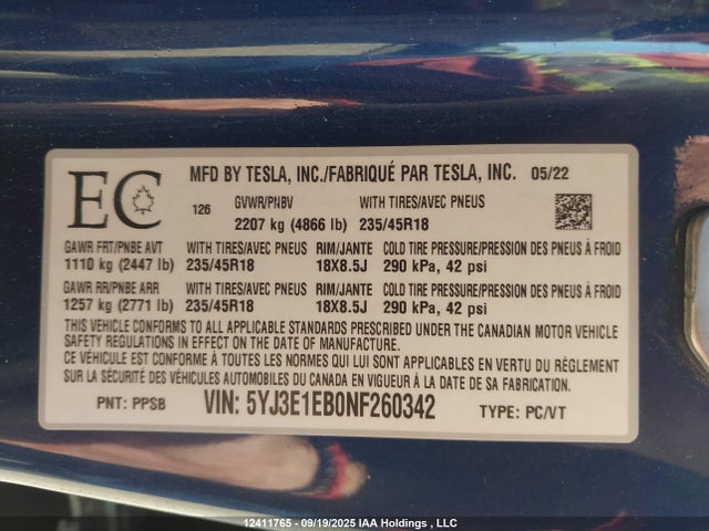 5YJ3E1EB0NF260342 Tesla MODEL 3