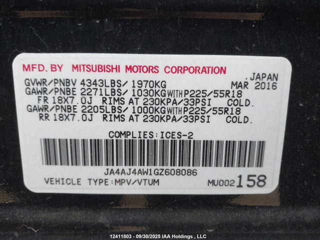 JA4AJ4AW1GZ608086 Mitsubishi dohc mivec