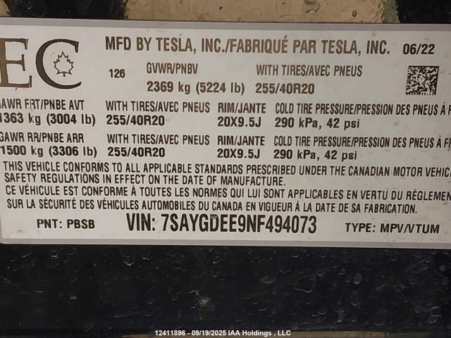 7SAYGDEE9NF494073 Tesla Model Y