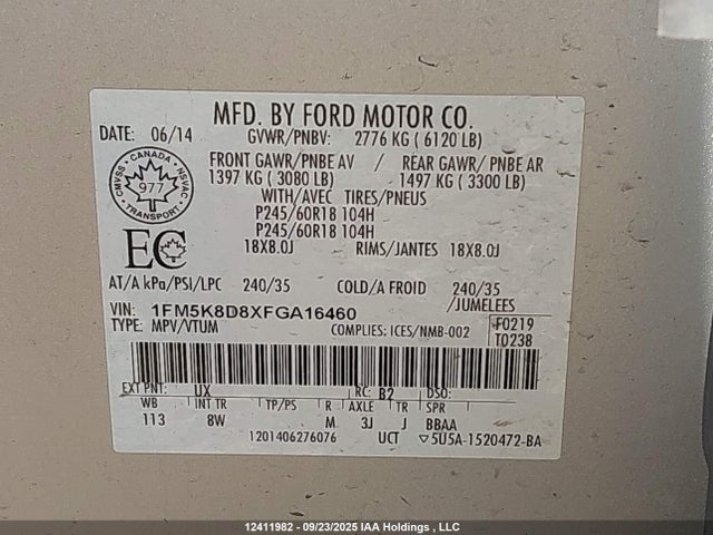 1FM5K8D8XFGA16460 Ford 2015