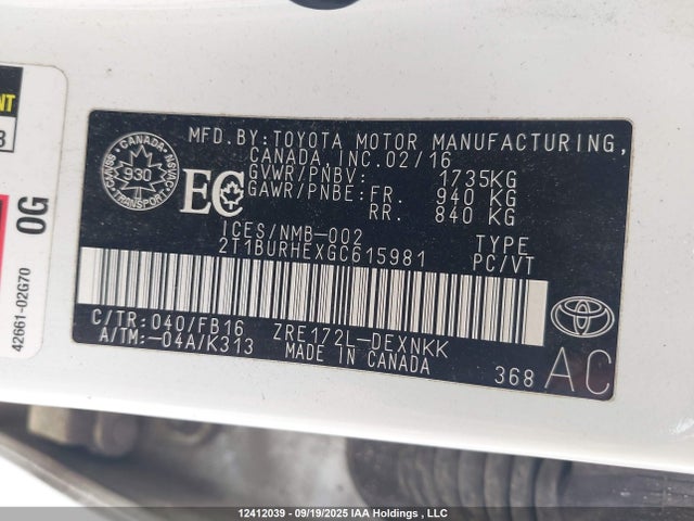Toyota 2zr-fe 2016 2T1BURHEXGC615981 Image 9