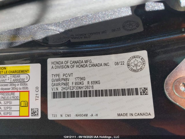 Honda Civic 2022 2HGFE2F30NH126016 Image 9