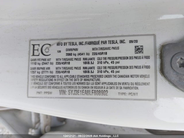 5YJ3E1EA8LF808902 Tesla 2020