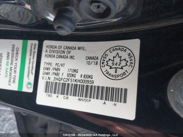 Honda k20c2 2019 2HGFC2F51KH000959 Image 9
