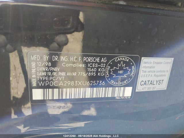 Aukcja sprzedaży 1999 Porsche Boxster, vin: WP0CA2983XU625736, numer aukcji: 12412260