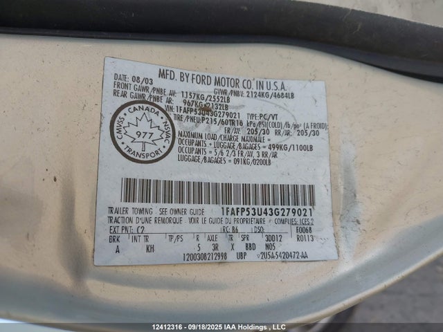 12412316 :رقم المزاد ، 1FAFP53U43G279021 vin ، 2003 Ford Taurus Se مزاد بيع