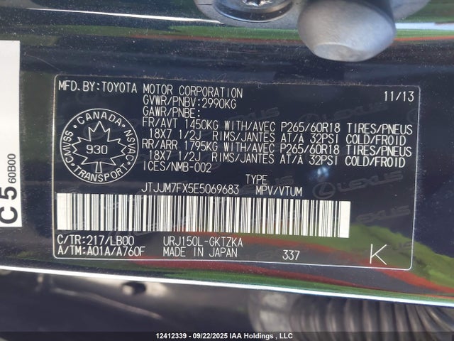 Lexus 1ur-fe 2014 JTJJM7FX5E5069683 Image 9