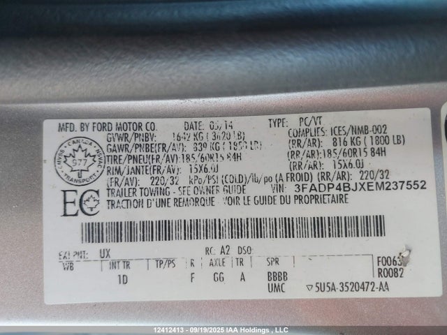 12412413 :رقم المزاد ، 3FADP4BJXEM237552 vin ، 2014 Ford Fiesta مزاد بيع