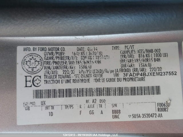 12412413 :رقم المزاد ، 3FADP4BJXEM237552 vin ، 2014 Ford Fiesta مزاد بيع