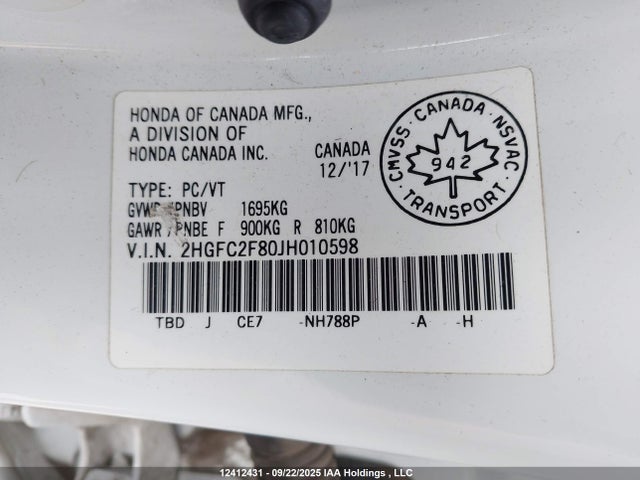 Honda k20c2 2018 2HGFC2F80JH010598 Image 9