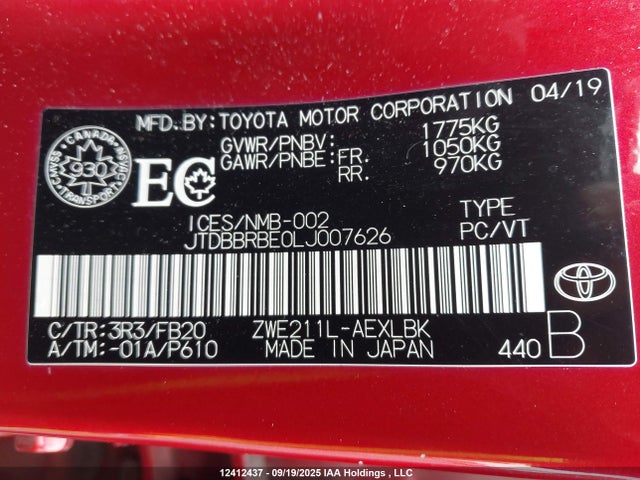 Продаж на аукціоні авто 2020 Toyota Corolla Hybrid, vin: JTDBBRBE0LJ007626, номер лоту: 12412437