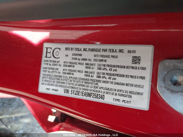 Tesla 2022 2022 5YJ3E1EA9NF258340 Image 9