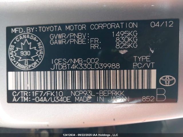 12412634 :رقم المزاد ، JTDBT4K33CL039988 vin ، 2012 Toyota Yaris مزاد بيع