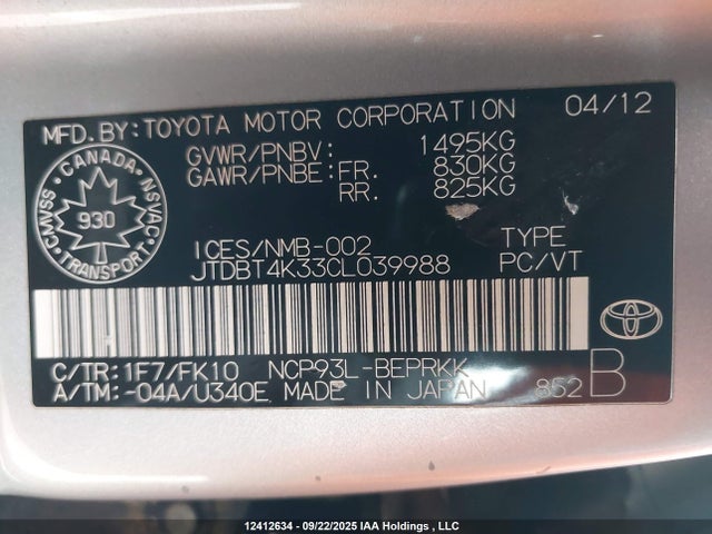 12412634 :رقم المزاد ، JTDBT4K33CL039988 vin ، 2012 Toyota Yaris مزاد بيع