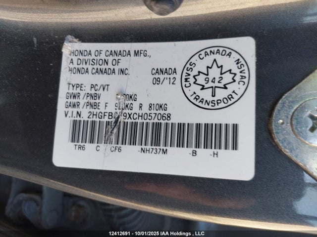 Продажа на аукционе авто 2012 Honda Civic Exl, vin: 2HGFB2F9XCH057068, номер лота: 12412691