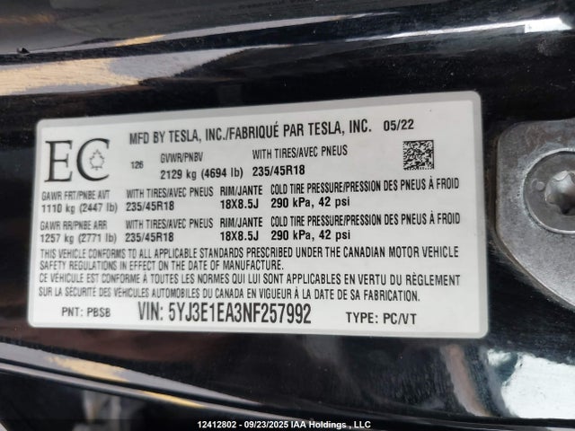 5YJ3E1EA3NF257992 Tesla MODEL 3