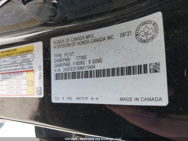 Honda Civic 2022 2HGFE2F3XNH110454 Image 9