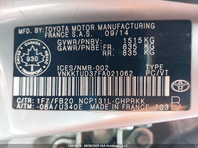 Toyota 1nz-fe 2015 VNKKTUD37FA021062 Image 9