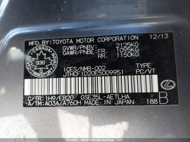 12412947 :رقم المزاد ، JTHCF1D20E5009951 vin ، 2014 Lexus Is 250 مزاد بيع